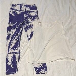 Fabletics White and Purple Palm Print Activewear Set